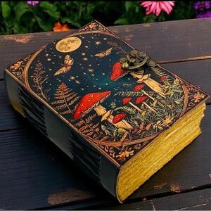 Witchy Mushroom Moon Design with Metal Hinge 200 Blank Pages, Aged Paper